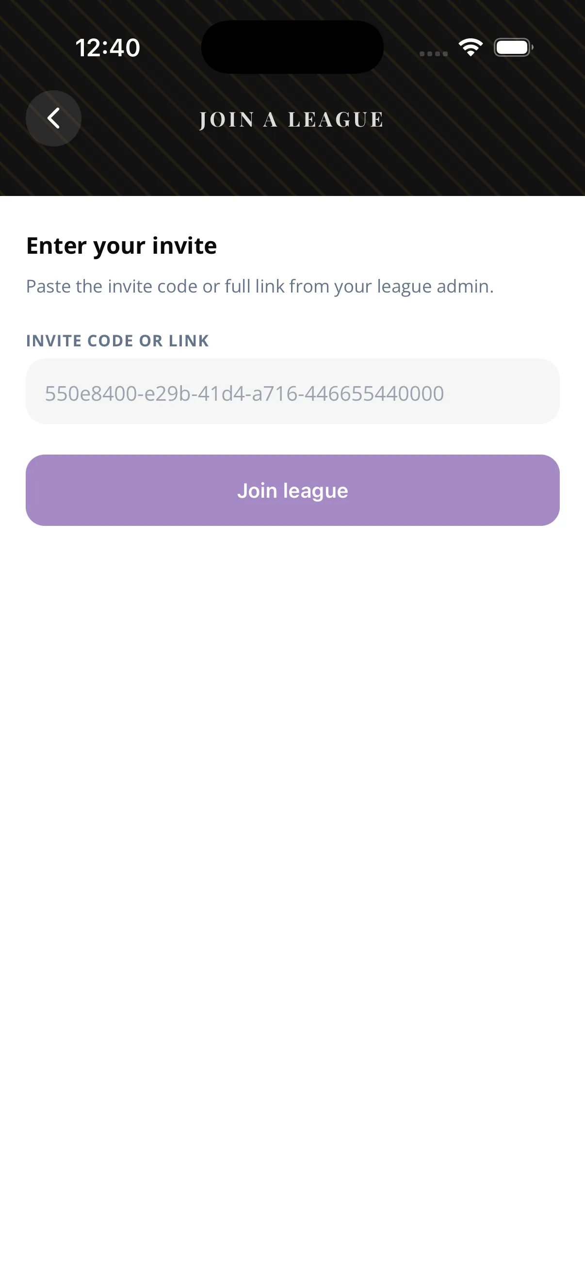 Sportykore join competition screen where a player pastes an invite code