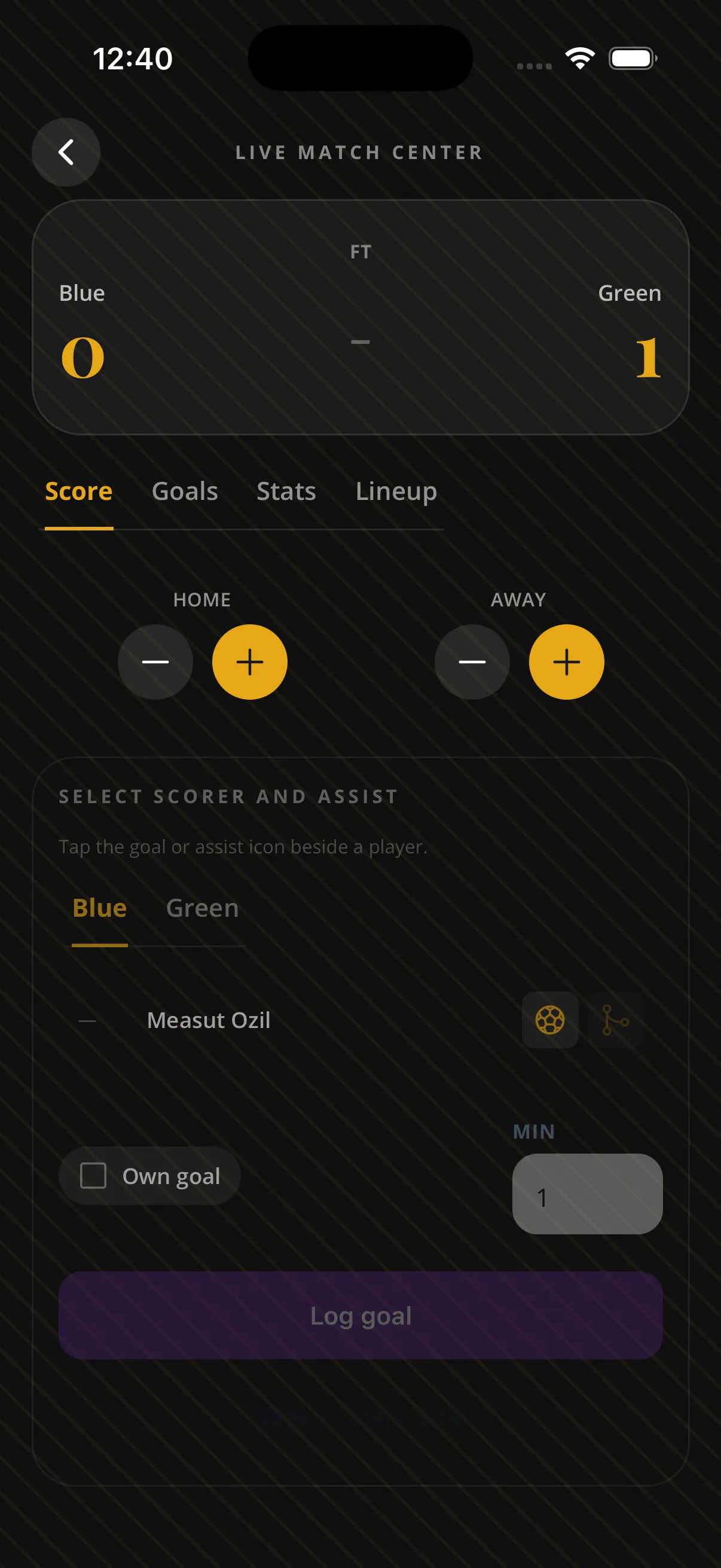 Sportykore live match center with big plus and minus score buttons, the running minute, and goal logging