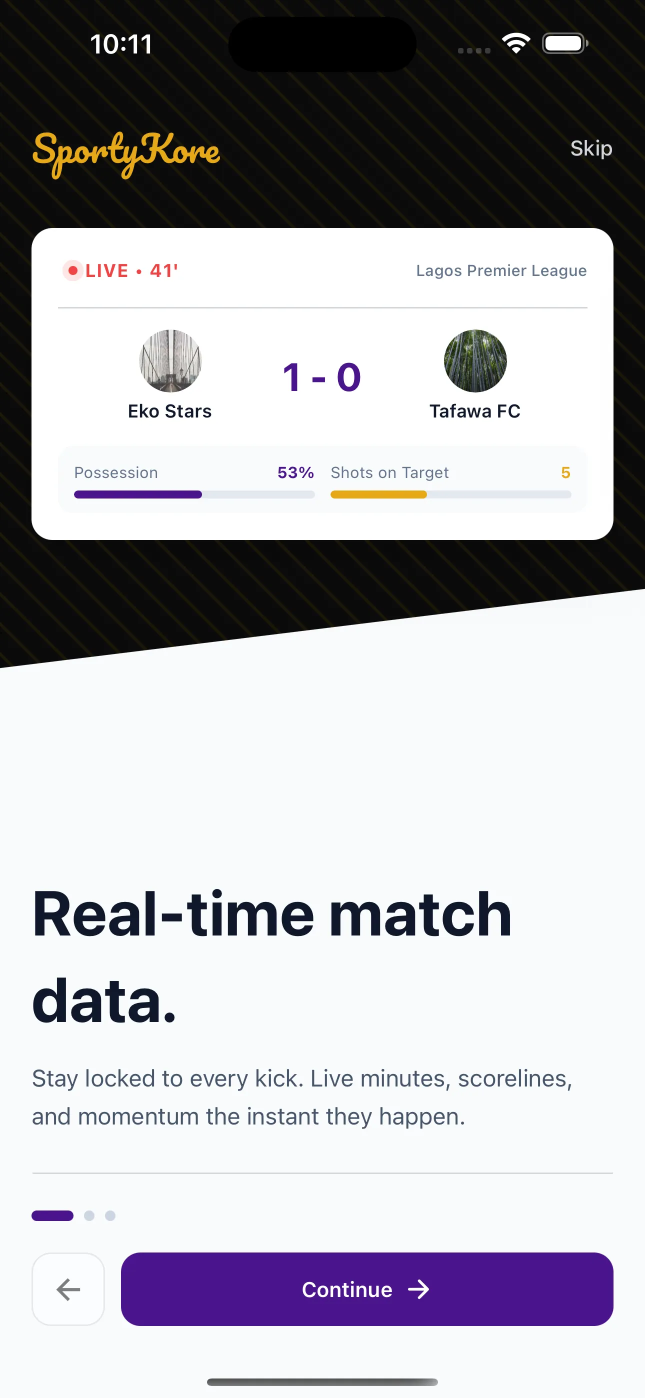 Sportykore onboarding: real-time match data on a light card.