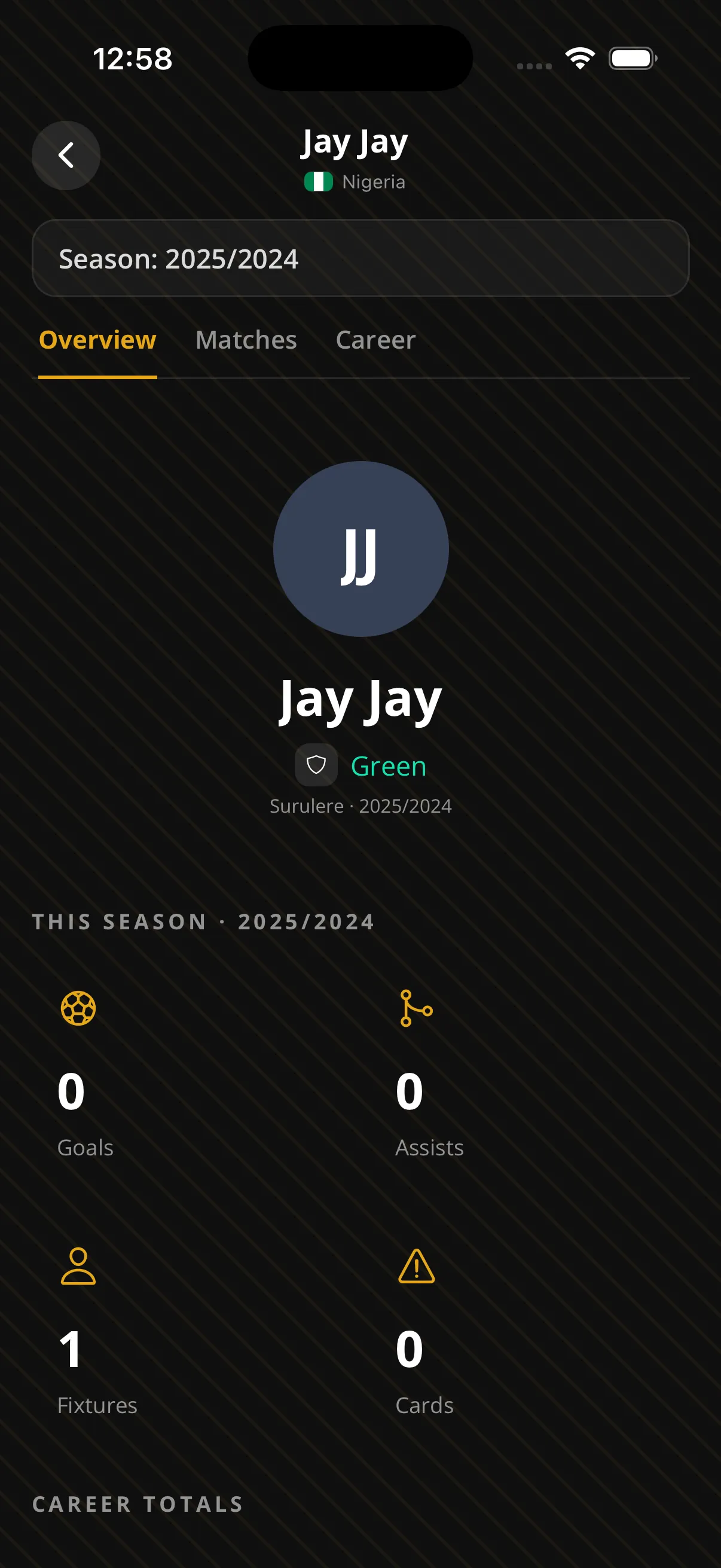 Sportykore player profile showing per-season and career totals for goals, assists, fixtures, and cards